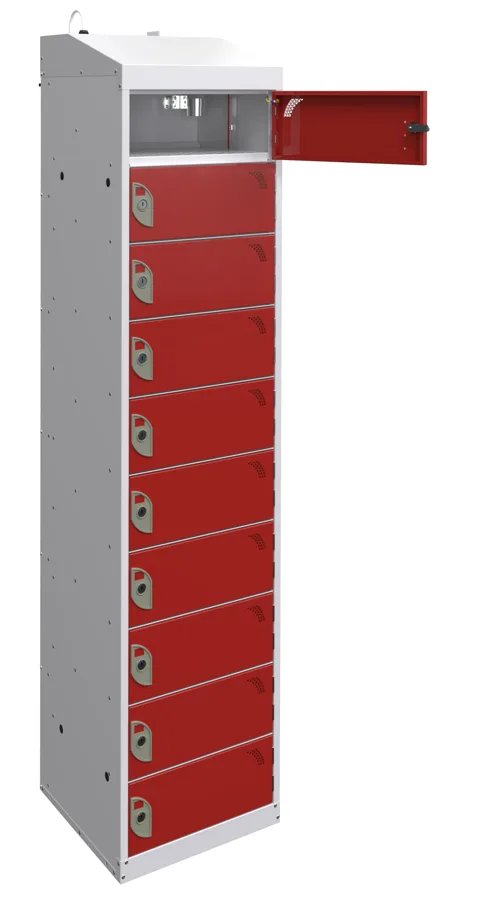 10 compartment fire suppression charging locker with red doors, top compartment open