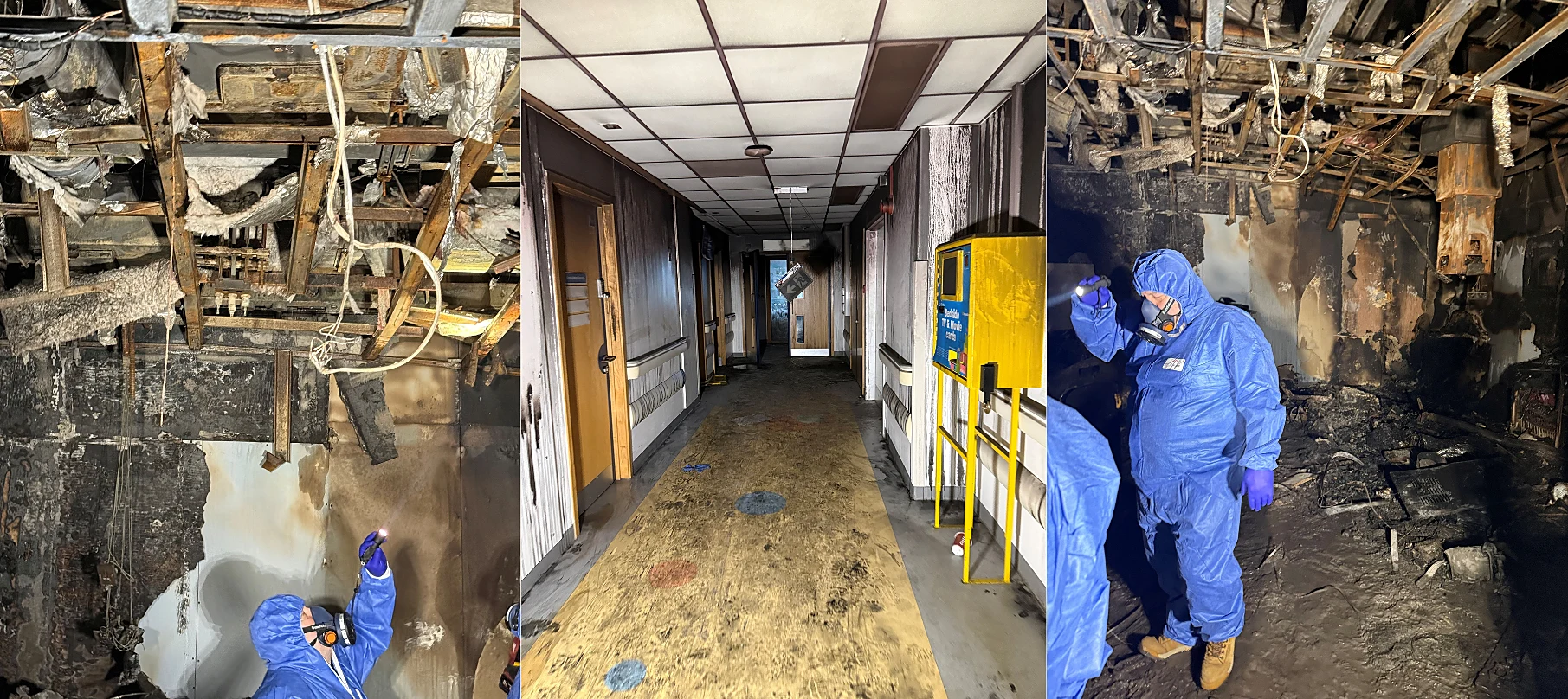 Investigators in protective suits and respirators inspecting a fire-gutted hospital ceiling and smoke-blackened corridor